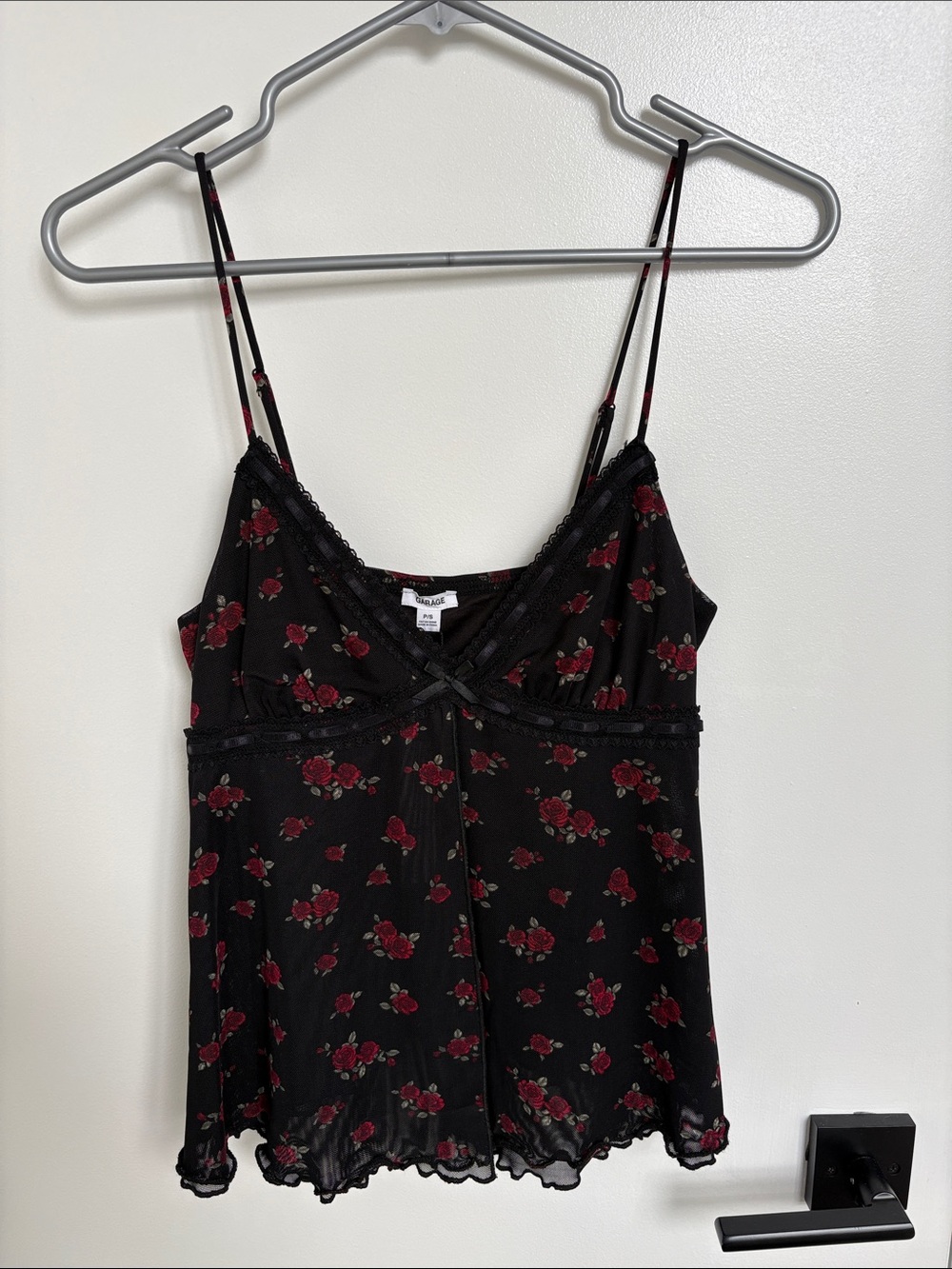 Garage Black Floral Lace Trim Cami with Red Roses